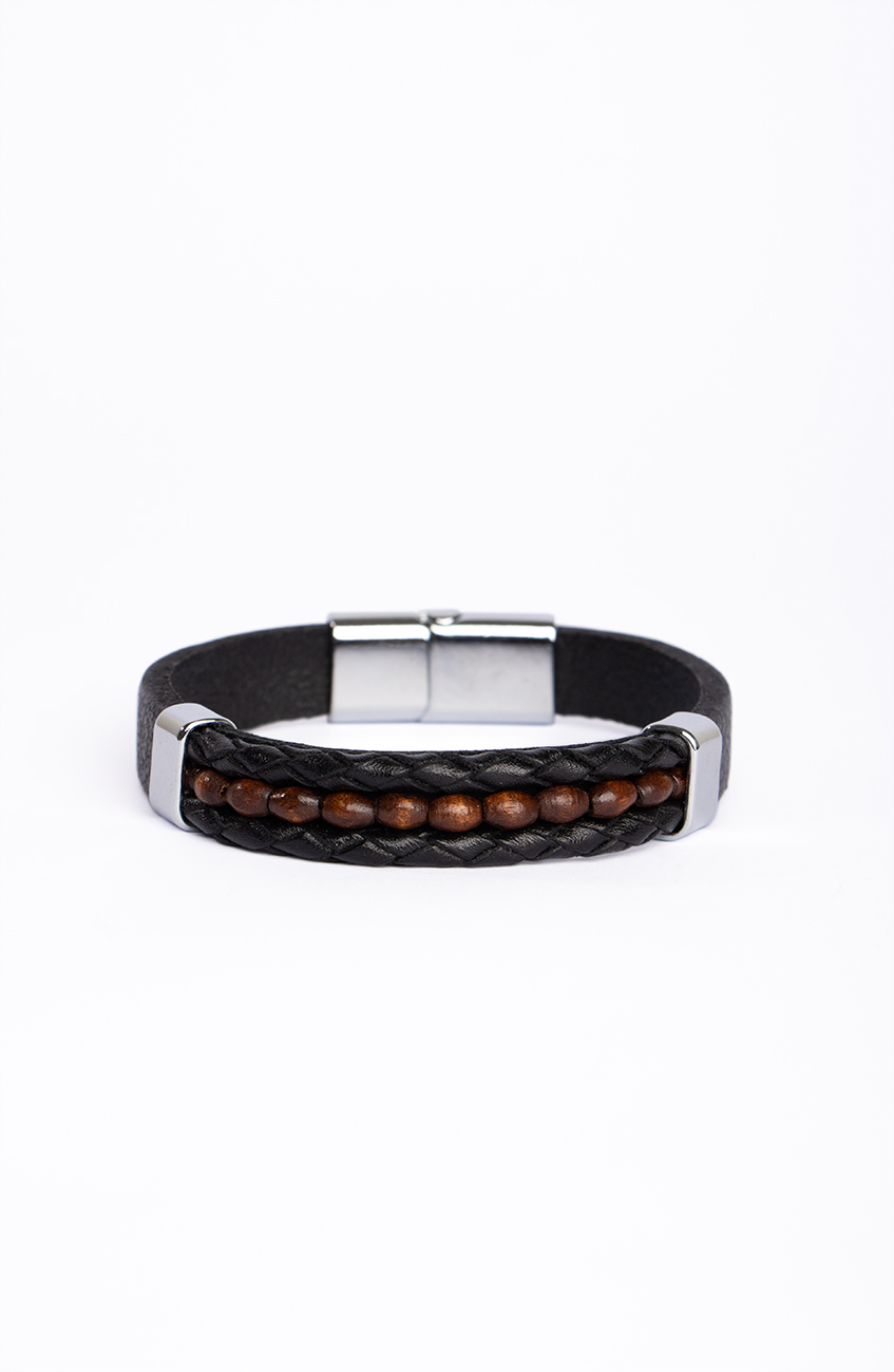 Men's leather bracelet front BR019 دستبند مردانه چرم و چوب BR019