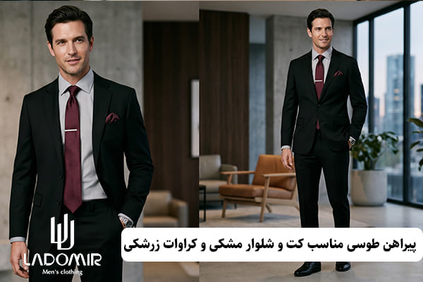 پیراهن طوسی یا خاکستری روشن انتخاب مناسب برای ست با کت شلوار مشکی و کروات زرشکی