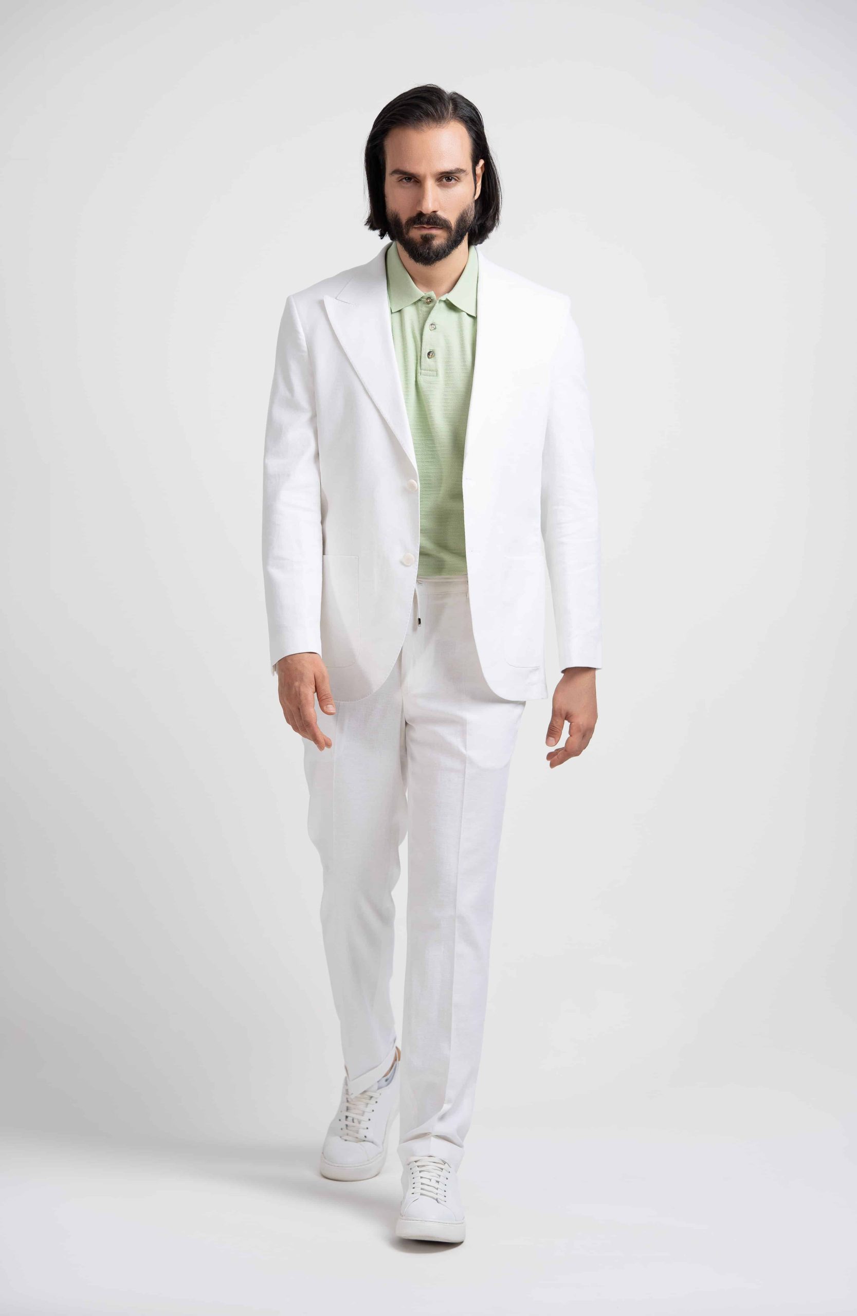 white mens suit su64 کت و شلوار لینن بانتودوزی SU64 سفید