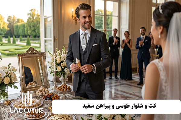 ست کردن کت شلوار طوسی با پیراهن و کراوات برای عقد محضر