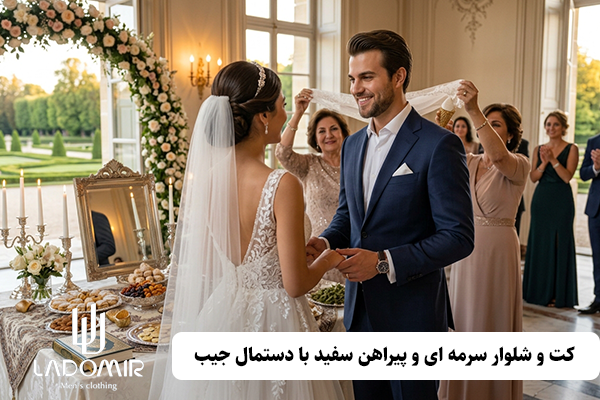کت و شلوار سرمه ای و پیراهن سفید با دستمال جیب برای عقد محضری