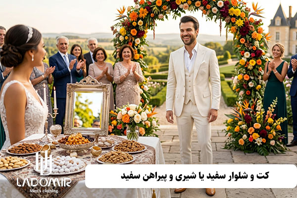کت و شلوار سفید یا شیری با پیراهن سفید برای عقد کردن در محضر