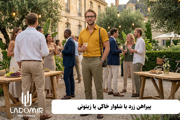 استایل پیراهن زرد مردانه با شلوار خاکی یا زیتونی